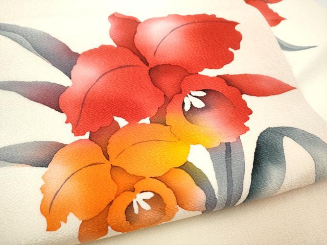 平和屋着物●九寸名古屋帯　作家物　ろうけつ染　草花文　鬼しぼ縮緬　正絹　逸品　CABI0246hy