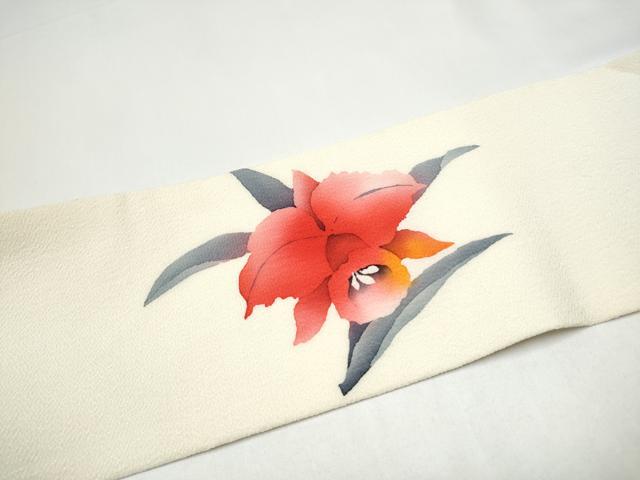 平和屋着物●九寸名古屋帯　作家物　ろうけつ染　草花文　鬼しぼ縮緬　正絹　逸品　CABI0246hy
