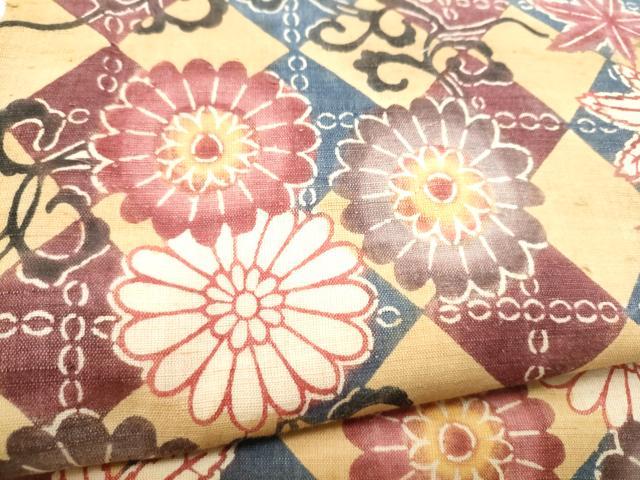 平和屋着物●九寸開き名古屋帯　紬地　型染め　菱花文　正絹　逸品　CABI0250hy