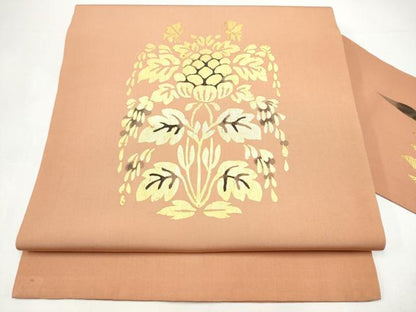 平和屋着物●塩瀬　九寸名古屋帯　更紗花文　金彩　正絹　逸品　CABI0251hy