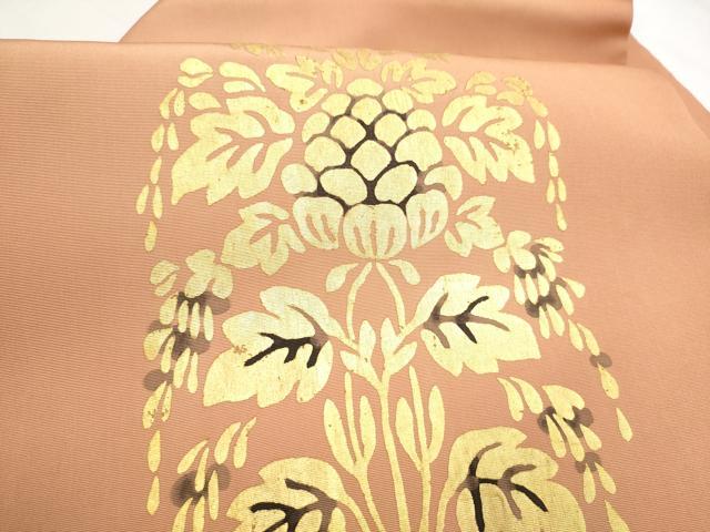 平和屋着物●塩瀬　九寸名古屋帯　更紗花文　金彩　正絹　逸品　CABI0251hy