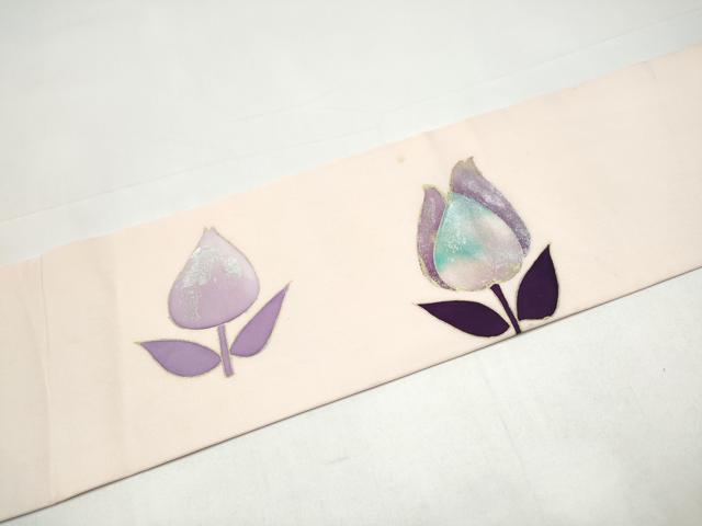 平和屋着物●塩瀬　九寸名古屋帯　チューリップ　金銀彩　正絹　逸品　CABI0253hy