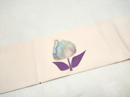 平和屋着物●塩瀬　九寸名古屋帯　チューリップ　金銀彩　正絹　逸品　CABI0253hy