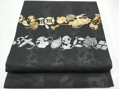 平和屋着物●九寸開き名古屋帯　宝尽くし文　黒地　正絹　逸品　CABI0257hy