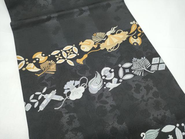 平和屋着物●九寸開き名古屋帯　宝尽くし文　黒地　正絹　逸品　CABI0257hy