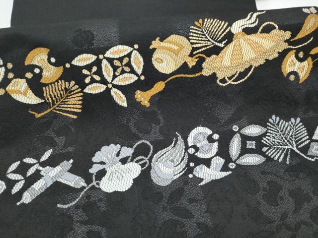 平和屋着物●九寸開き名古屋帯　宝尽くし文　黒地　正絹　逸品　CABI0257hy
