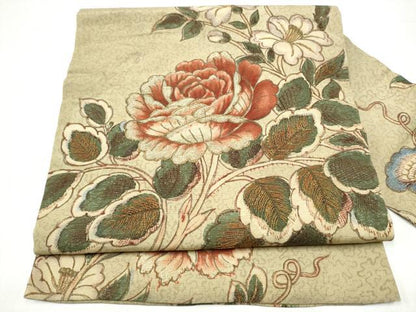 平和屋着物●アンティーク　大正ロマン　九寸名古屋帯　刺繍　枝花文　金糸　正絹　逸品　CABI0262hy