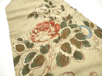 平和屋着物●アンティーク　大正ロマン　九寸名古屋帯　刺繍　枝花文　金糸　正絹　逸品　CABI0262hy