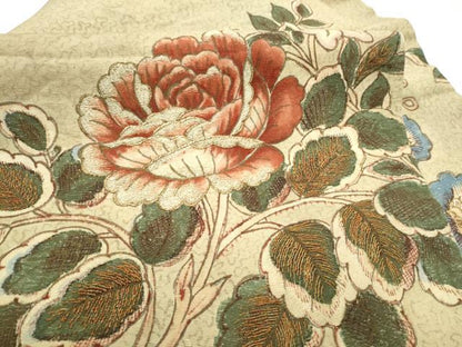 平和屋着物●アンティーク　大正ロマン　九寸名古屋帯　刺繍　枝花文　金糸　正絹　逸品　CABI0262hy