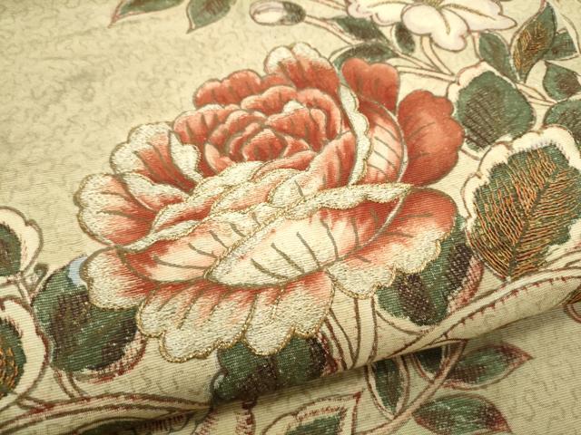 平和屋着物●アンティーク　大正ロマン　九寸名古屋帯　刺繍　枝花文　金糸　正絹　逸品　CABI0262hy
