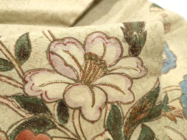 平和屋着物●アンティーク　大正ロマン　九寸名古屋帯　刺繍　枝花文　金糸　正絹　逸品　CABI0262hy