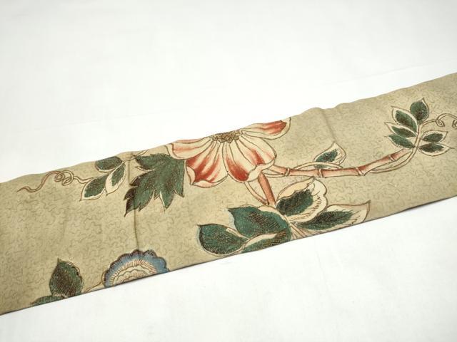 平和屋着物●アンティーク　大正ロマン　九寸名古屋帯　刺繍　枝花文　金糸　正絹　逸品　CABI0262hy