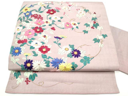 平和屋着物●アンティーク　大正ロマン　九寸名古屋帯　総手刺繍　花唐草文　正絹　逸品　CABI0268hy