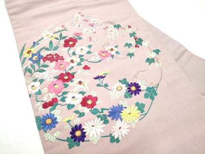 平和屋着物●アンティーク　大正ロマン　九寸名古屋帯　総手刺繍　花唐草文　正絹　逸品　CABI0268hy