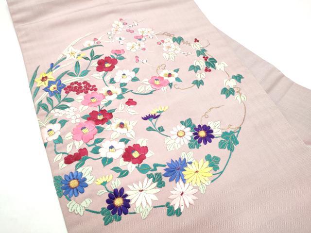 平和屋着物●アンティーク　大正ロマン　九寸名古屋帯　総手刺繍　花唐草文　正絹　逸品　CABI0268hy