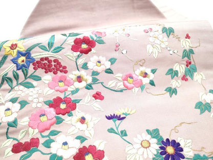 平和屋着物●アンティーク　大正ロマン　九寸名古屋帯　総手刺繍　花唐草文　正絹　逸品　CABI0268hy