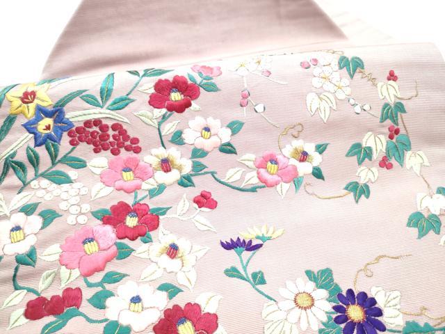 平和屋着物●アンティーク　大正ロマン　九寸名古屋帯　総手刺繍　花唐草文　正絹　逸品　CABI0268hy