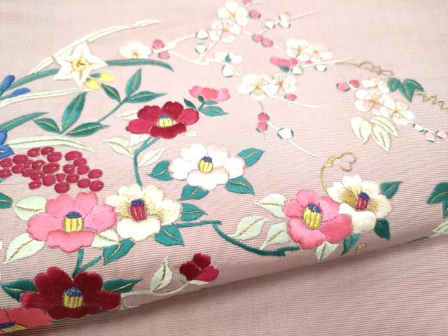 平和屋着物●アンティーク　大正ロマン　九寸名古屋帯　総手刺繍　花唐草文　正絹　逸品　CABI0268hy