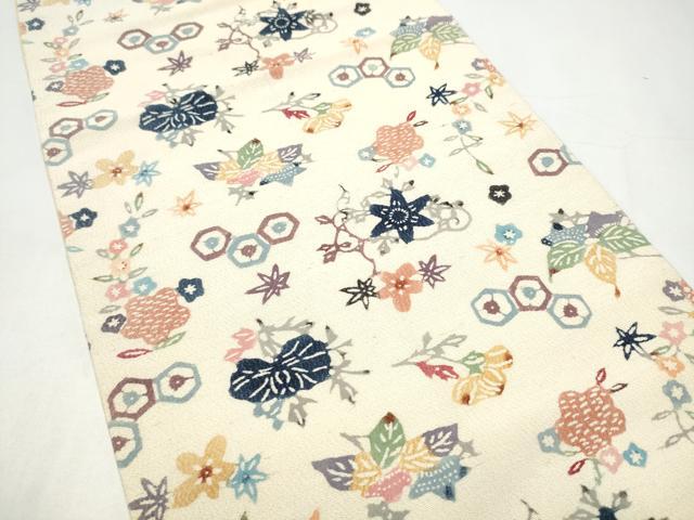 平和屋着物●九寸名古屋帯　型染め　草花文　鬼しぼ縮緬　正絹　逸品　CABI0271hy