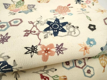 平和屋着物●九寸名古屋帯　型染め　草花文　鬼しぼ縮緬　正絹　逸品　CABI0271hy