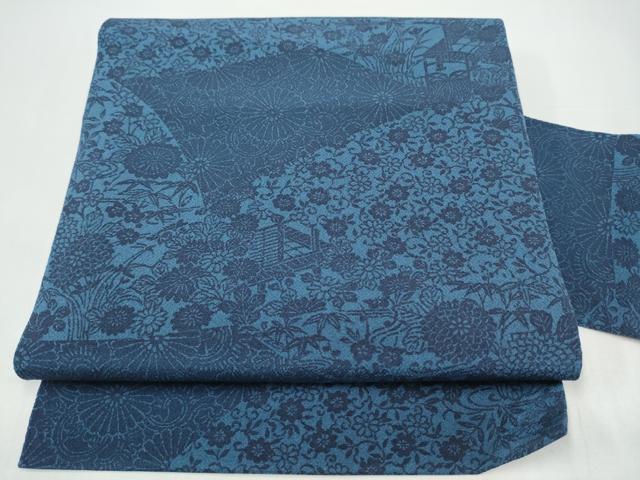 平和屋着物●全通柄　九寸名古屋帯　藍　型染め　風景花文　鬼しぼ縮緬　正絹　逸品　CABI0272hy