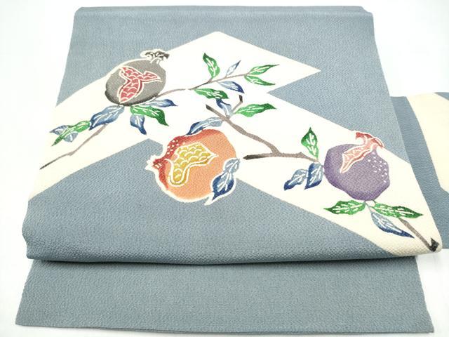 平和屋着物●九寸名古屋帯　型染め　ザクロ　鬼しぼ縮緬　正絹　逸品　CABI0274hy