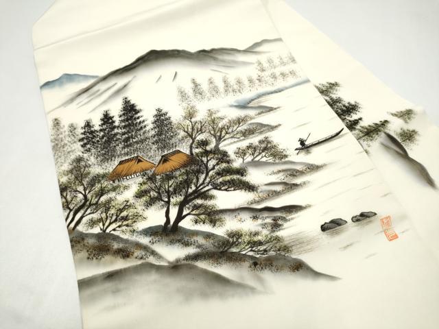 平和屋着物●塩瀬　九寸名古屋帯　作家物　手描き　遠山風景文　正絹　逸品　CABI0276hy