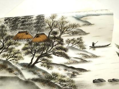 平和屋着物●塩瀬　九寸名古屋帯　作家物　手描き　遠山風景文　正絹　逸品　CABI0276hy