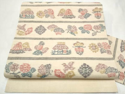 平和屋着物●九寸名古屋帯　紬地　風景花蝶文　正絹　逸品　CABI0277hy