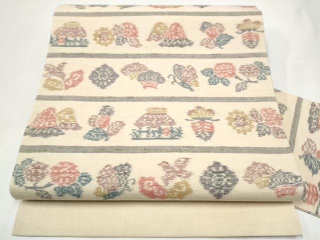 平和屋着物●九寸名古屋帯　紬地　風景花蝶文　正絹　逸品　CABI0277hy