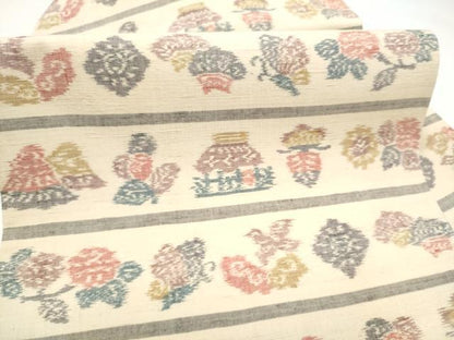 平和屋着物●九寸名古屋帯　紬地　風景花蝶文　正絹　逸品　CABI0277hy