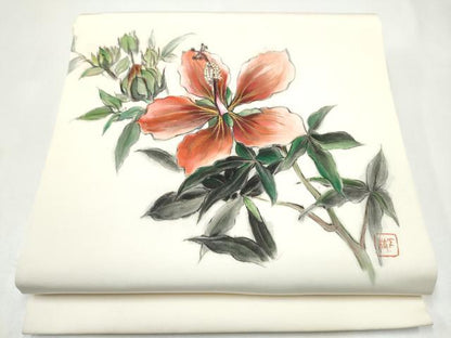 平和屋着物●塩瀬　九寸名古屋帯　作家物　手描き　枝花文　正絹　逸品　CABI0278hy