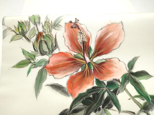 平和屋着物●塩瀬　九寸名古屋帯　作家物　手描き　枝花文　正絹　逸品　CABI0278hy