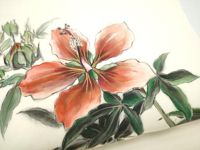 平和屋着物●塩瀬　九寸名古屋帯　作家物　手描き　枝花文　正絹　逸品　CABI0278hy