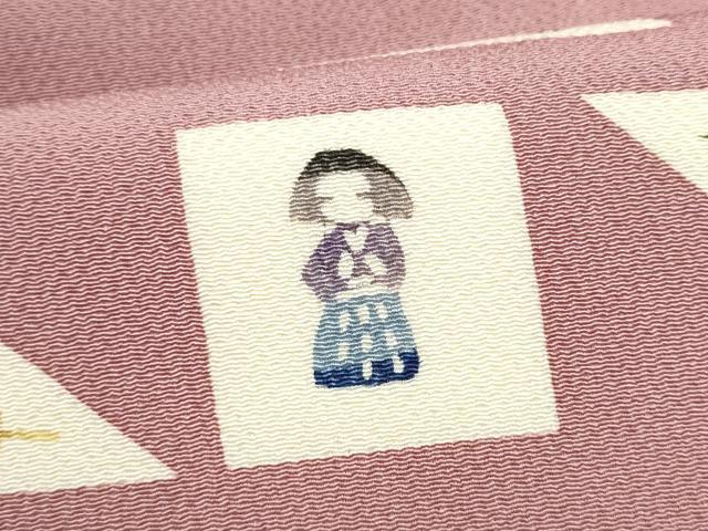 平和屋着物●九寸名古屋帯　型染め　松竹梅人物文　鬼しぼ縮緬　正絹　逸品　CABI0281hy