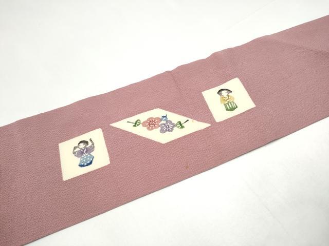 平和屋着物●九寸名古屋帯　型染め　松竹梅人物文　鬼しぼ縮緬　正絹　逸品　CABI0281hy
