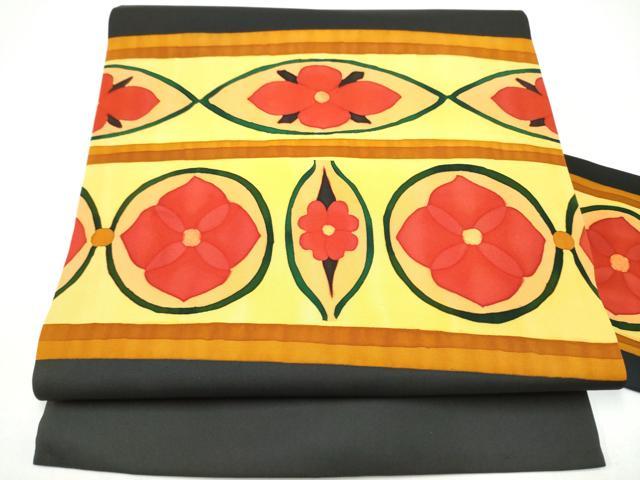 平和屋着物●塩瀬　九寸名古屋帯　ろうけつ染　花丸文　黒地　正絹　逸品　CABI0287hy