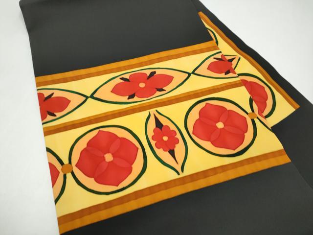 平和屋着物●塩瀬　九寸名古屋帯　ろうけつ染　花丸文　黒地　正絹　逸品　CABI0287hy