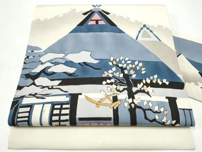 平和屋着物●塩瀬　九寸名古屋帯　ろうけつ染　風景文　正絹　逸品　CABI0289hy