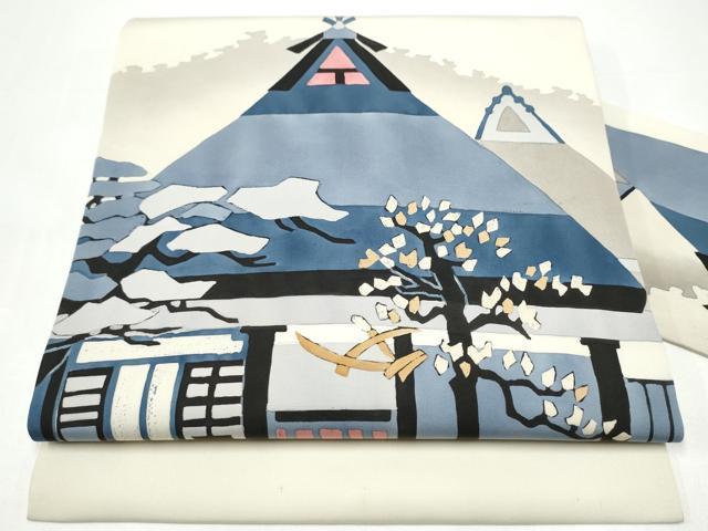 平和屋着物●塩瀬　九寸名古屋帯　ろうけつ染　風景文　正絹　逸品　CABI0289hy