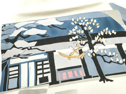 平和屋着物●塩瀬　九寸名古屋帯　ろうけつ染　風景文　正絹　逸品　CABI0289hy