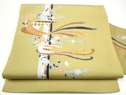 平和屋着物●塩瀬　九寸名古屋帯　花鳥文　金彩　正絹　逸品　CABI0292hy