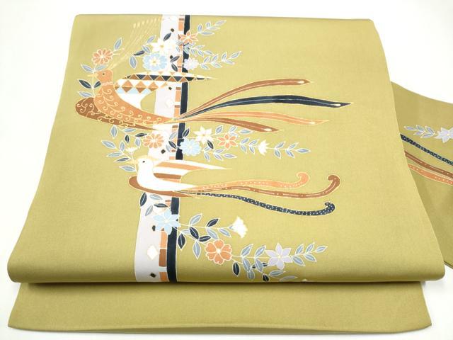 平和屋着物●塩瀬　九寸名古屋帯　花鳥文　金彩　正絹　逸品　CABI0292hy