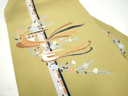 平和屋着物●塩瀬　九寸名古屋帯　花鳥文　金彩　正絹　逸品　CABI0292hy