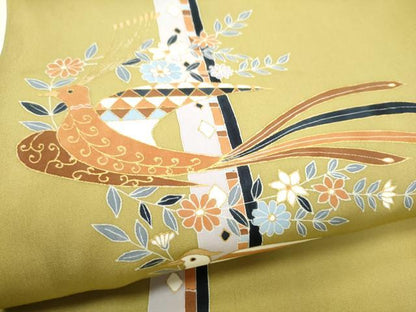 平和屋着物●塩瀬　九寸名古屋帯　花鳥文　金彩　正絹　逸品　CABI0292hy