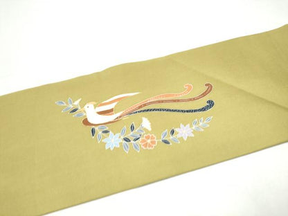 平和屋着物●塩瀬　九寸名古屋帯　花鳥文　金彩　正絹　逸品　CABI0292hy