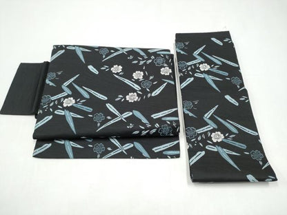 平和屋着物●つけ帯　草花文　黒地　正絹　逸品　CABI0296hy