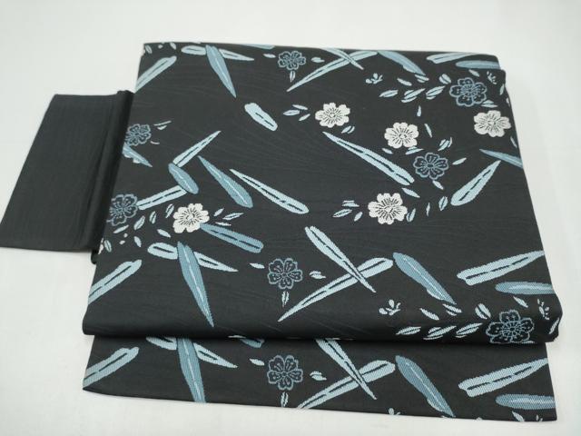 平和屋着物●つけ帯　草花文　黒地　正絹　逸品　CABI0296hy