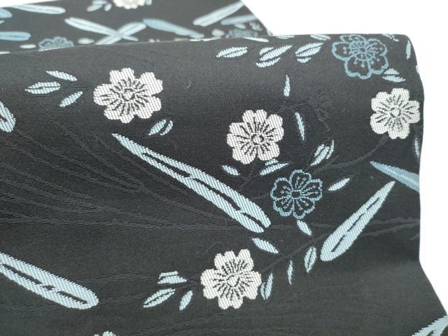 平和屋着物●つけ帯　草花文　黒地　正絹　逸品　CABI0296hy