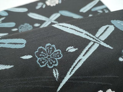 平和屋着物●つけ帯　草花文　黒地　正絹　逸品　CABI0296hy